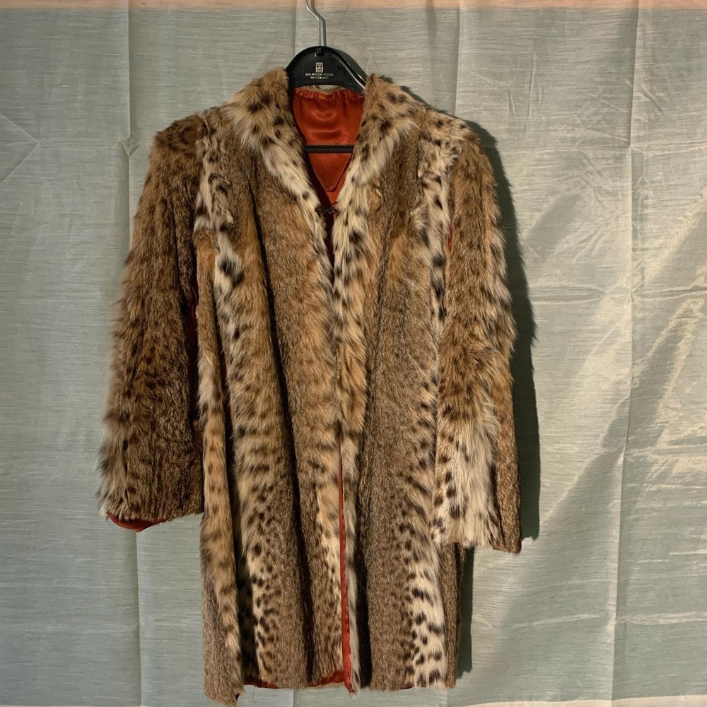 Vintage 1960s Real Lynx Fur Coat Women Small Brown Black Animal Print Statement